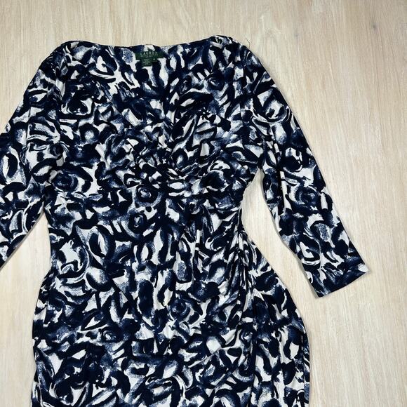 Lauren Ralph Lauren Navy White Abstract Print Ruched 3/4 Sleeve Sheath Dress 16 - Picture 2 of 14